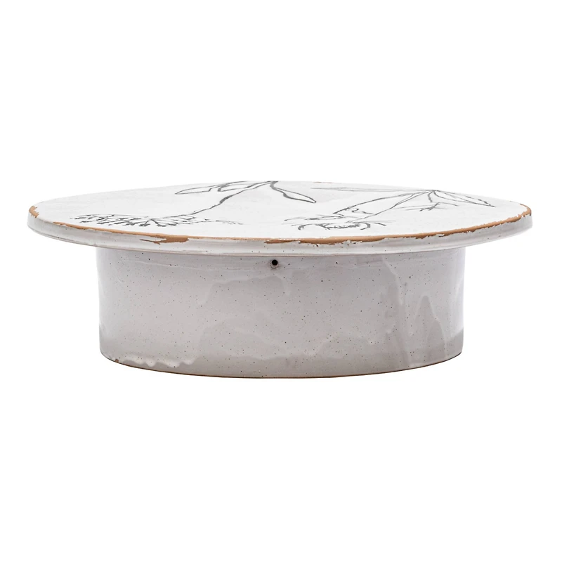 Hello Honey® 12" White & Black Round Debossed Stoneware Pedestal with Flowers & Reactive Glaze