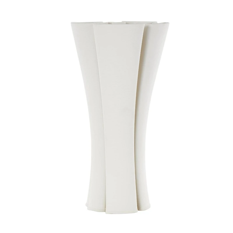 White Ceramic Abstract Ribbed Dimensional Folded Vase with Curvy Rim