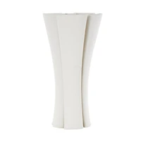 White Ceramic Abstract Ribbed Dimensional Folded Vase with Curvy Rim