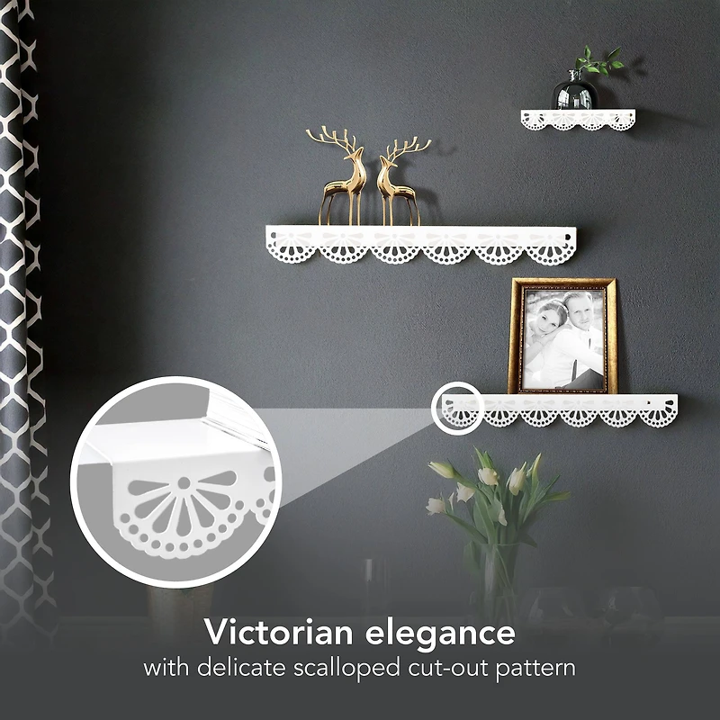 American Art Decor Scallop Metal Floating Shelves, White 3" x 5" x 24",  3pc.