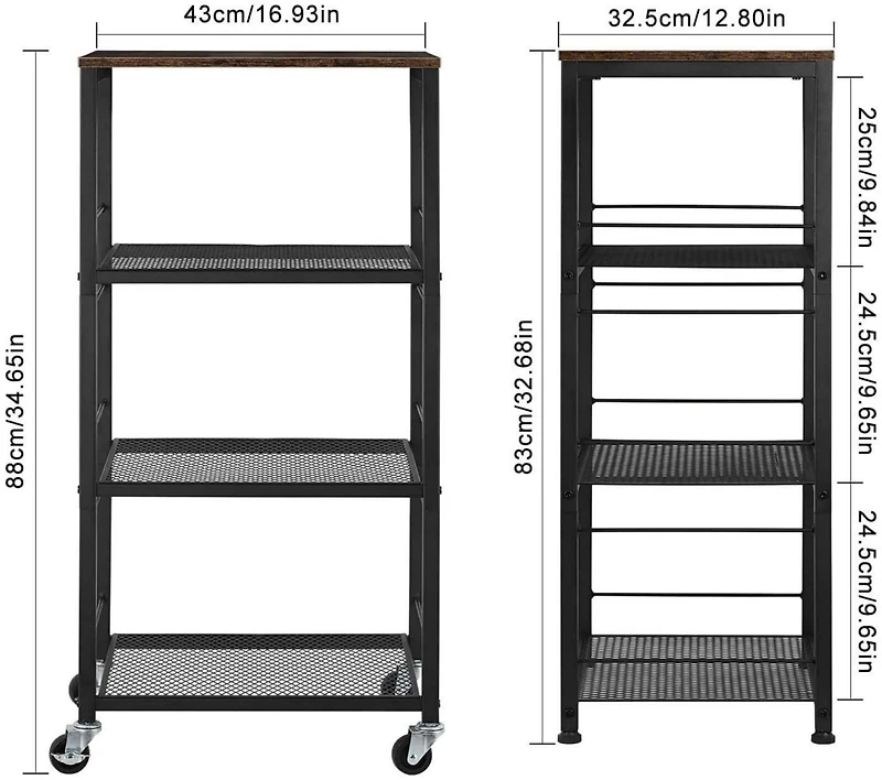 Rustic Brown 4-Tier Industrial Metal Rolling Storage Cart