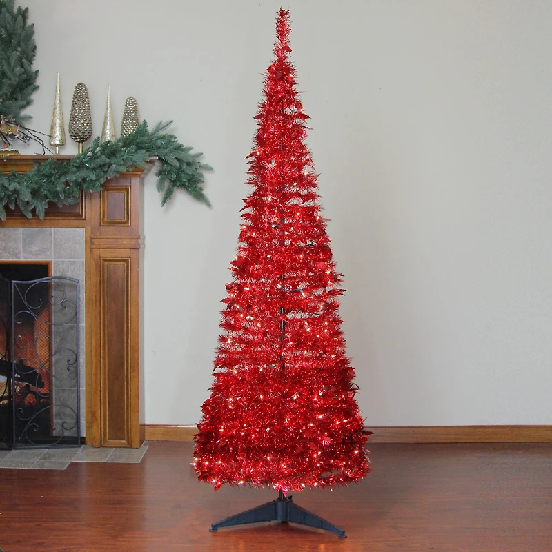 6ft. Pre-Lit Red Tinsel Artificial Pop-Up Christmas Tree, Clear Lights