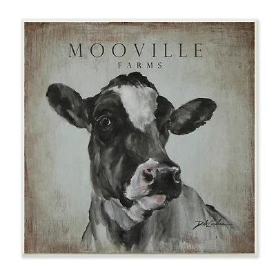 Stupell Industries Mooville Farms Rustic Sign Vintage Dairy Cow Portrait,12" x 12"