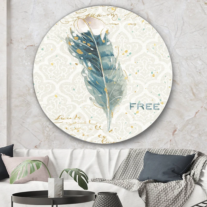 Designart - Damask Painted Gilded Feather on Blue