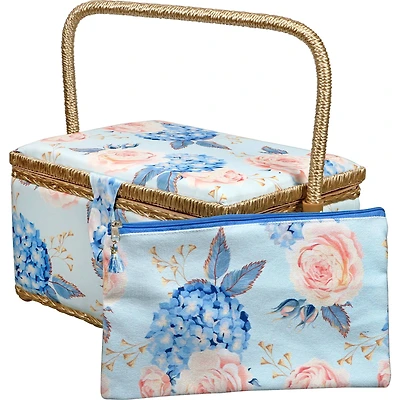 SINGER® Large Blue Hydrangeas Print Sewing Basket with Matching Zipper Pouch