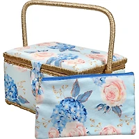SINGER® Large Blue Hydrangeas Print Sewing Basket with Matching Zipper Pouch