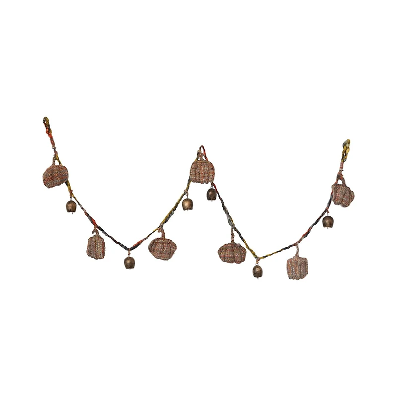 Hello Honey® 6ft. Decorative Hand-Woven Mélange Fabric Pumpkin & Metal Bell Garland