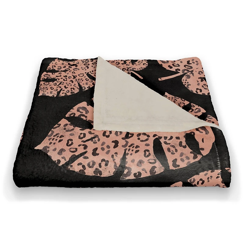 Pink Cheetah Monstera Fleece Throw Blanket
