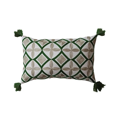 Hello Honey® 22" Natural & Green Cotton Embroidered Lumbar Pillow
