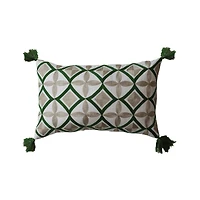 Hello Honey® 22" Natural & Green Cotton Embroidered Lumbar Pillow