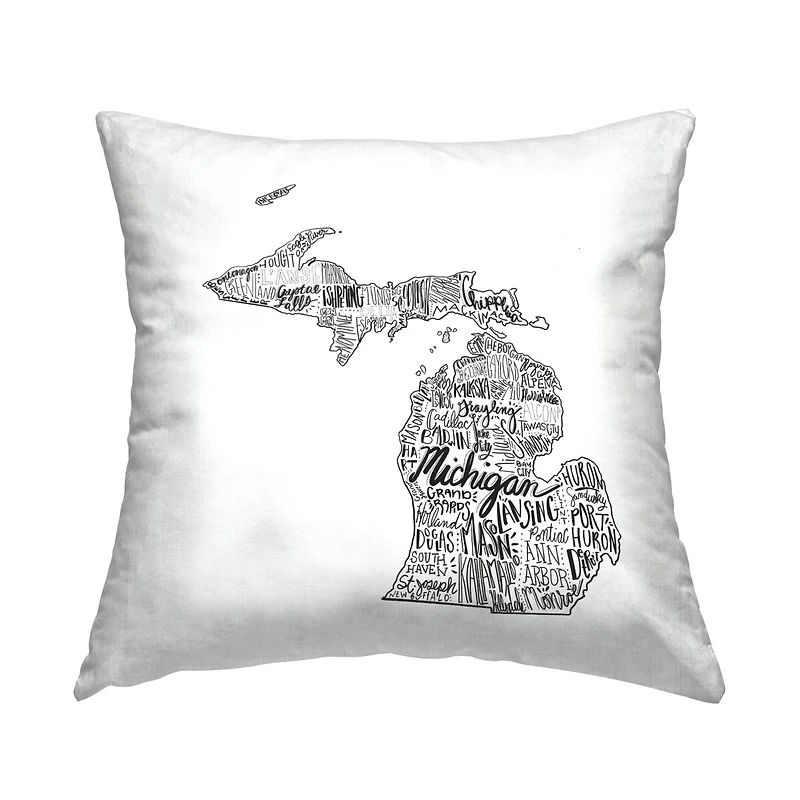 Stupell Industries Michigan State Typography Cities Map Shape Throw Pillow, 18" x 18"