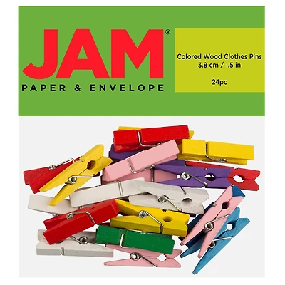 JAM Paper 1.5" Colorful Wood Clip Clothespins, 24ct.