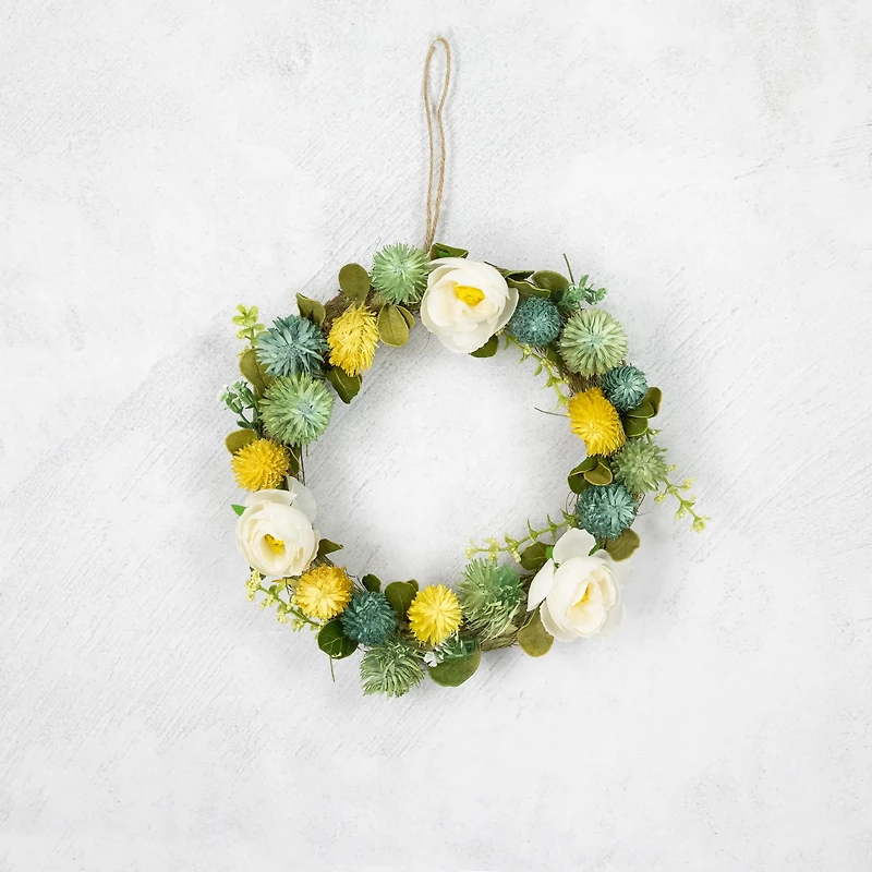 9" Cream Rose, Green & Yellow Thistle Hanging Spring Wreath