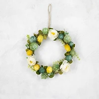 9" Cream Rose, Green & Yellow Thistle Hanging Spring Wreath