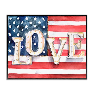 Stupell Industries Vintage Love Text Over Stitched American Flag Framed Giclee Art