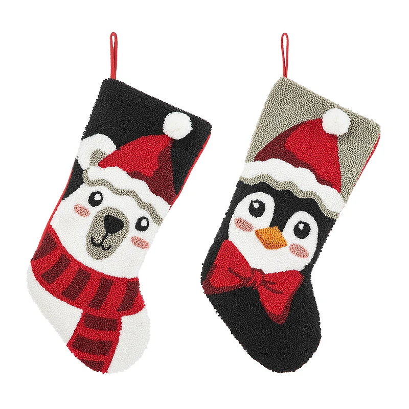 Glitzhome® 20.5" Polar Bear & Penguin Hooked Stocking Set