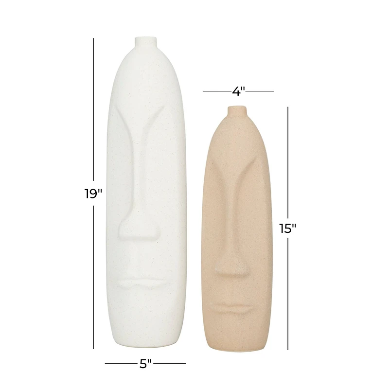 Set of 2 Beige Stoneware Contemporary Vase, 19" x 5" x 5"