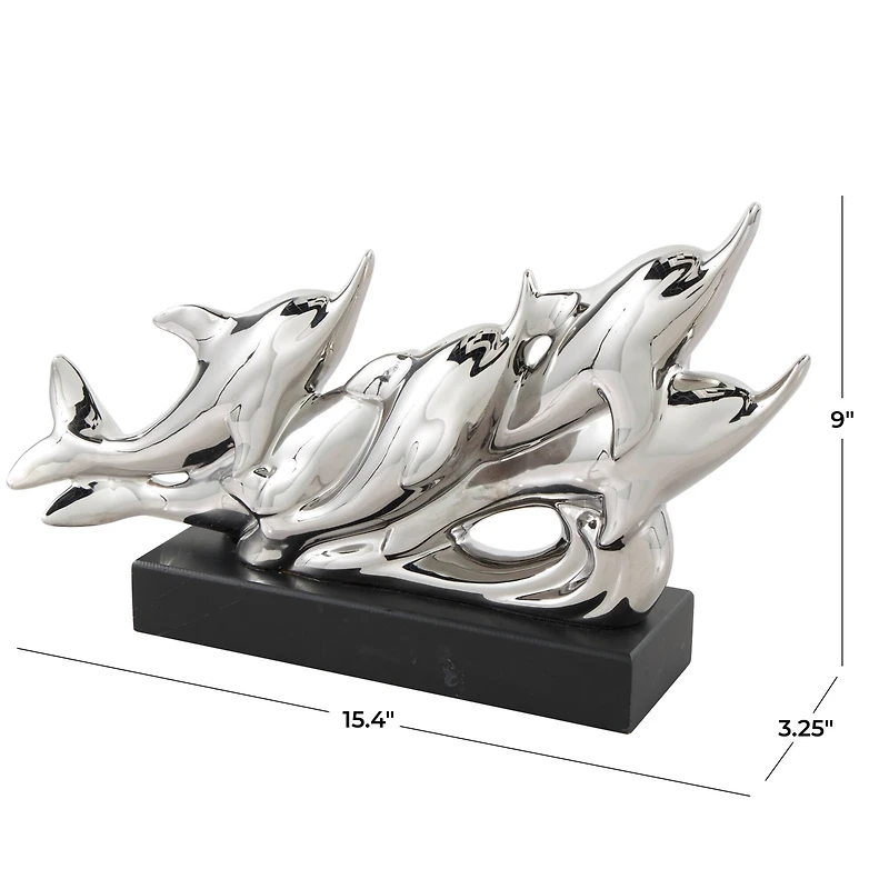 15.5" Silver Ceramic Dolphin Sculpture with Black Block Base
