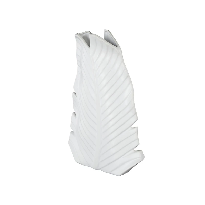 15" White Ceramic Palm Leaf Vase