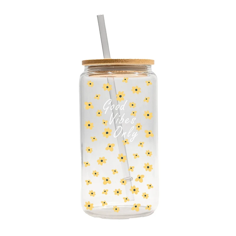 16oz. Good Vibes Only Daisies Glass Can Cup