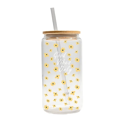 16oz. Good Vibes Only Daisies Glass Can Cup