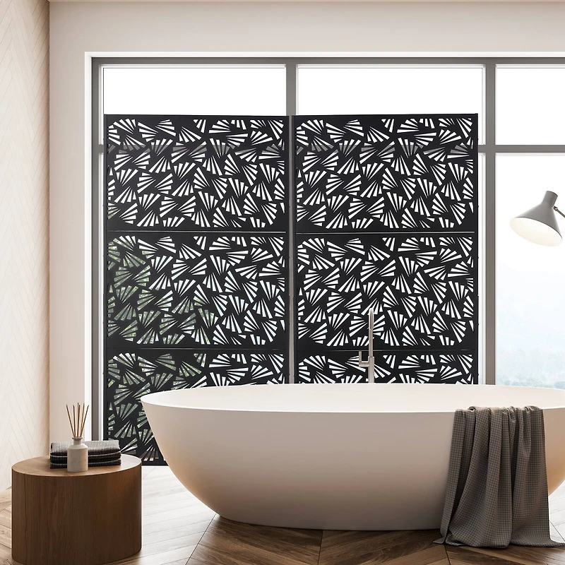 Glitzhome® 6ft. Black Galvanized Steel Irregular Geometric Pattern Privacy Screen Fence Panel & Room Divider