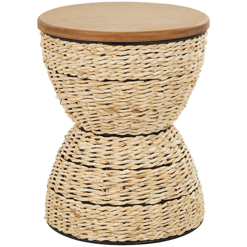19" Rattan Woven Stool with Wood Tabletop and Black Frame