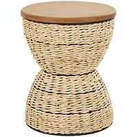 19" Rattan Woven Stool with Wood Tabletop and Black Frame