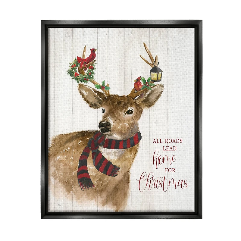 Stupell Industries All Roads Lead Home Christmas Deer Framed Floater Canvas Wall Art
