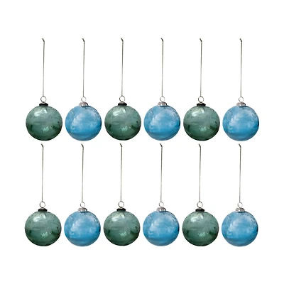 Hello Honey® 12 Pack 3" Blue & Green Etched Leaves Ball Glass Ornaments
