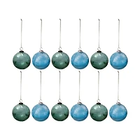 Hello Honey® 12 Pack 3" Blue & Green Etched Leaves Ball Glass Ornaments