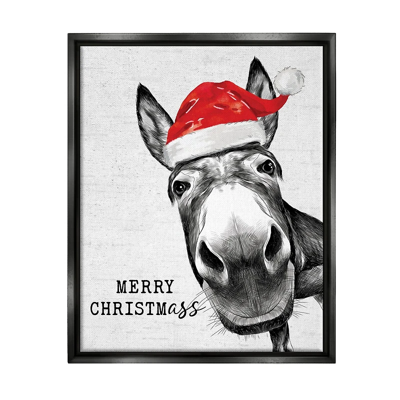 Stupell Industries Merry Christmass Funny Donkey Framed Floater Canvas Wall Art