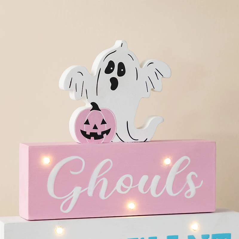 Glitzhome® 11.75"H Halloween Lighted Pink Wooden Ghost Block Word Sign