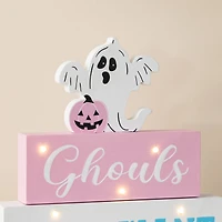 Glitzhome® 11.75"H Halloween Lighted Pink Wooden Ghost Block Word Sign