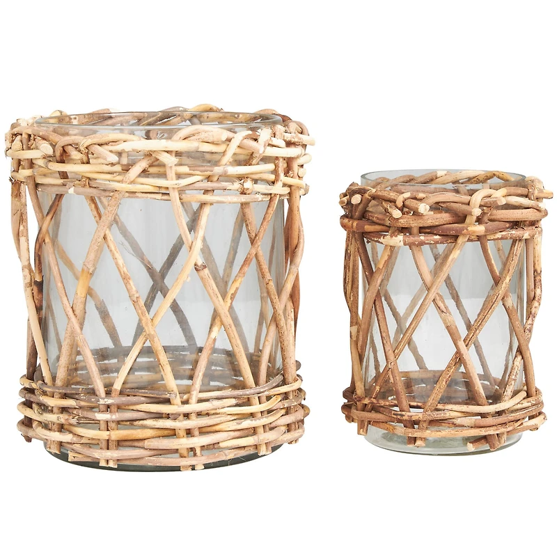 Clear Glass & Rattan Woven Candle Holder Set