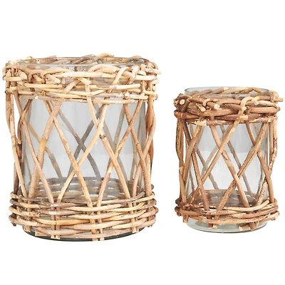 Clear Glass & Rattan Woven Candle Holder Set