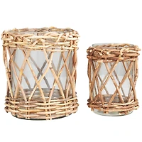 Clear Glass & Rattan Woven Candle Holder Set