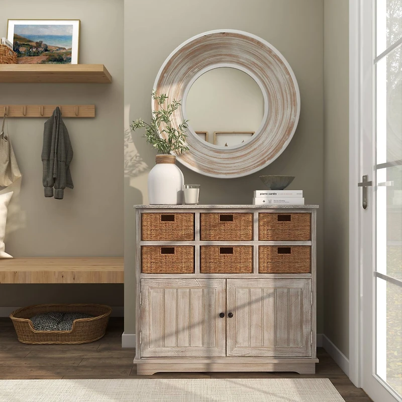 11" White Ceramic Vase with Wrapped Rattan Detailing