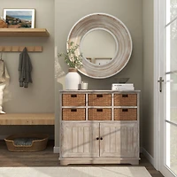 11" White Ceramic Vase with Wrapped Rattan Detailing