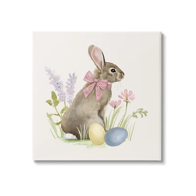 Stupell Industries Easter Bunny Rabbit Bow Spring Flowers & Eggs Canvas Wall Art