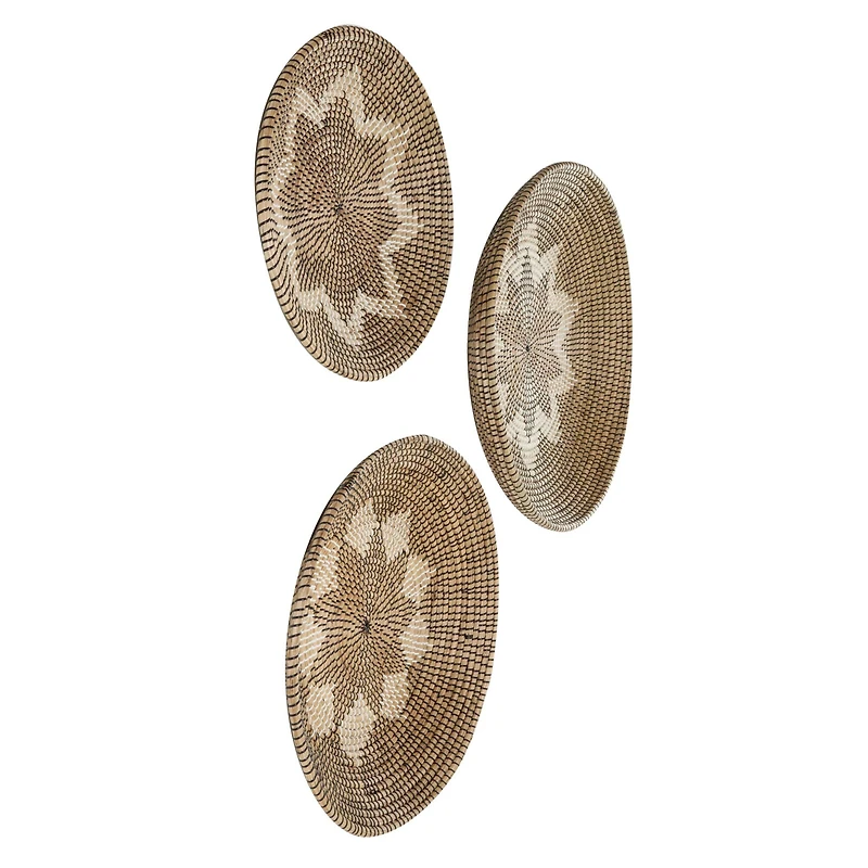 Set of 3 Natural Brown Seagrass Traditional Abstract Wall Decor, 29", 24", 20"