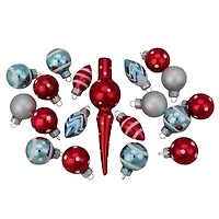 19ct. Red & Blue Frosted Glass Ornaments & Tree Topper Set
