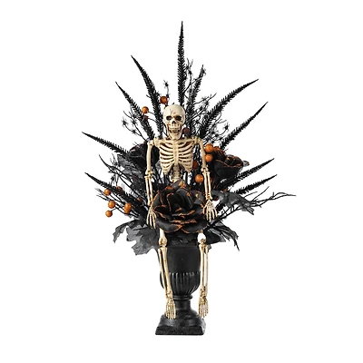 Glitzhome® 22"H Halloween Black Rose, Skeleton and Berry Urn Table Tree