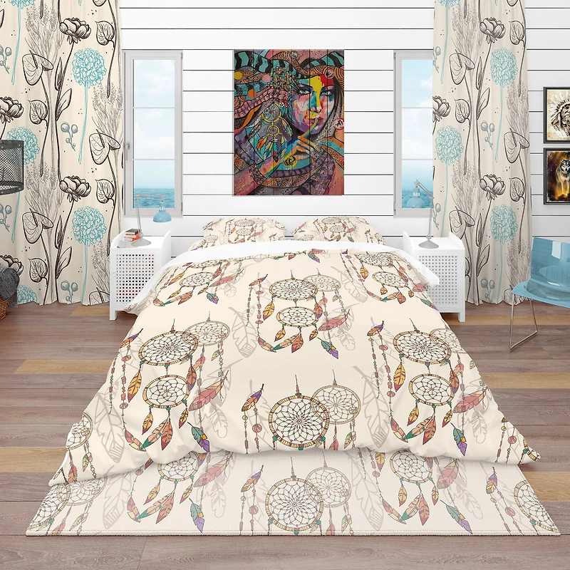 Designart 'Bohemian Dream Catcher with Beads & Feathers' Southwestern Bedding Set - Duvet Cover & Shams, Full/Queen