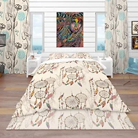 Designart 'Bohemian Dream Catcher with Beads & Feathers' Southwestern Bedding Set - Duvet Cover & Shams, Full/Queen