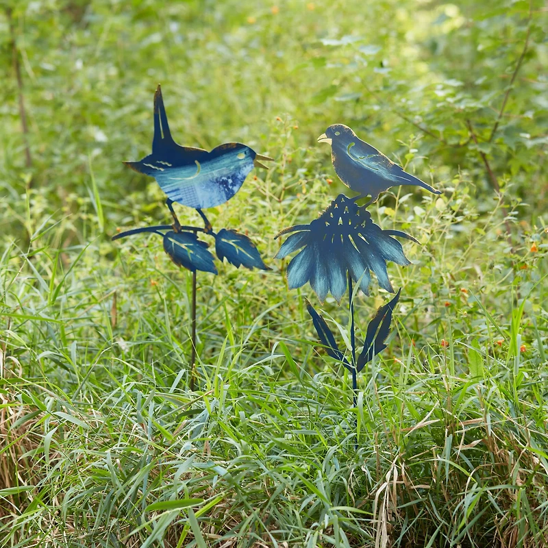 Bird & Flower Cut Out Metal Garden Stakes Set