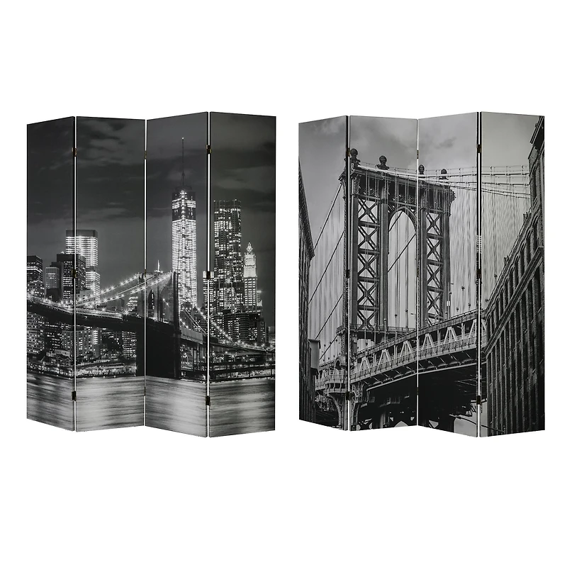 American Art Decor™ 6ft. Double-Sided 4-Panel Black and White Brooklyn Bridge, Manhattan Bridge Photo Canvas Privacy Screen