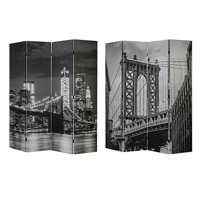 American Art Decor™ 6ft. Double-Sided 4-Panel Black and White Brooklyn Bridge, Manhattan Bridge Photo Canvas Privacy Screen