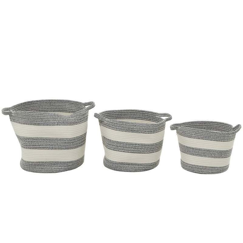 Gray Cotton Handmade Striped Storage Basket with Handles Set of 3 14", 12", 10"
