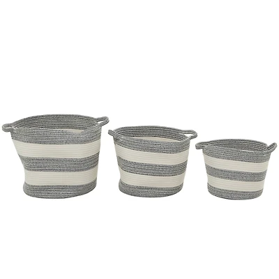 Gray Cotton Handmade Striped Storage Basket with Handles Set of 3 14", 12", 10"